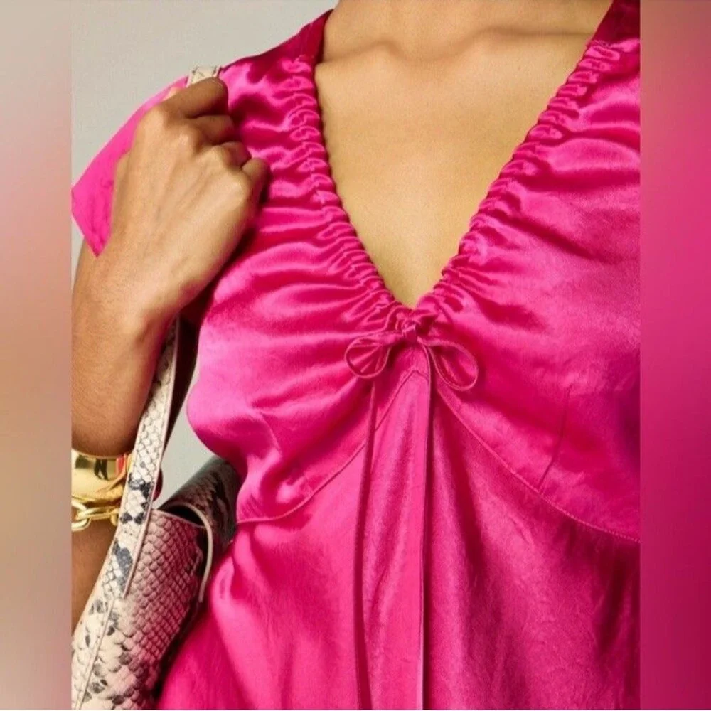 J Crew Womens Short Sleeve Slip Dress Textured Satin Radiant Fuchsia NWT Size 12
